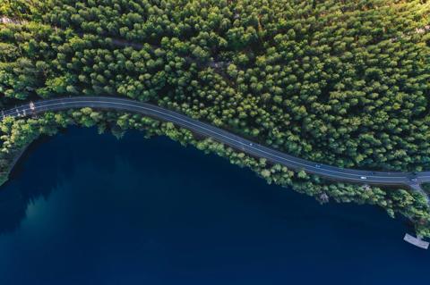 Aerial view of a road through a forest by a lake